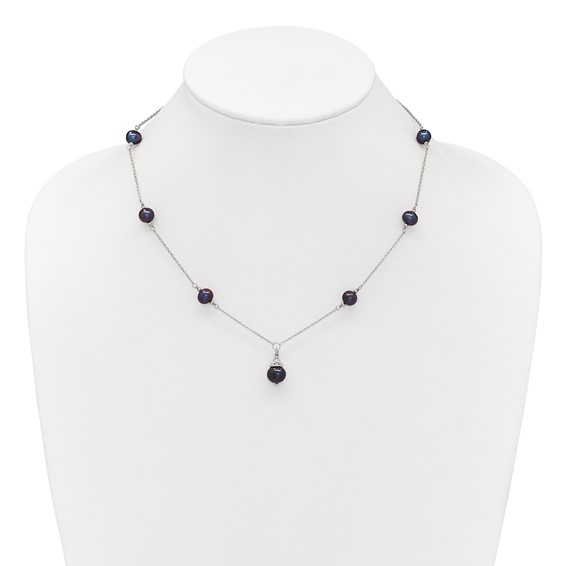 Sterling Silver Rhodium-plated 9-10mm Black Semi-Round Freshwater Cultured Pearl 18 inch Necklace and Dangle Earrings Set