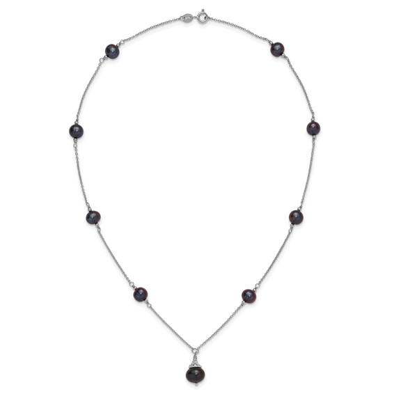 Sterling Silver Rhodium-plated 9-10mm Black Semi-Round Freshwater Cultured Pearl 18 inch Necklace and Dangle Earrings Set