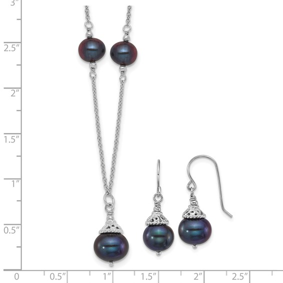 Sterling Silver Rhodium-plated 9-10mm Black Semi-Round Freshwater Cultured Pearl 18 inch Necklace and Dangle Earrings Set