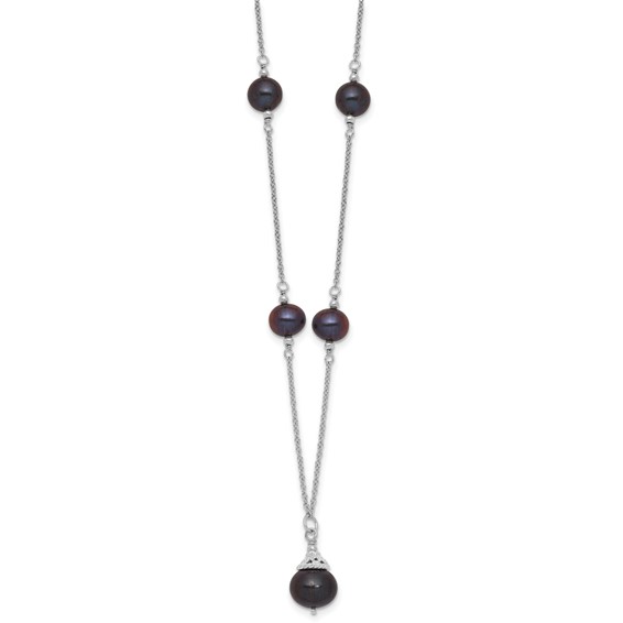 Sterling Silver Rhodium-plated 9-10mm Black Semi-Round Freshwater Cultured Pearl 18 inch Necklace and Dangle Earrings Set