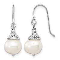 Sterling Silver Rhodium-plated 9-10mm White Near-Round Freshwater Cultured Pearl Necklace and Dangle Earrings Set, 18" view 2