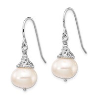 Sterling Silver Rhodium-plated 9-10mm White Near-Round Freshwater Cultured Pearl Necklace and Dangle Earrings Set, 18" view 3