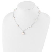 Sterling Silver Rhodium-plated 9-10mm White Near-Round Freshwater Cultured Pearl Necklace and Dangle Earrings Set, 18" view 4