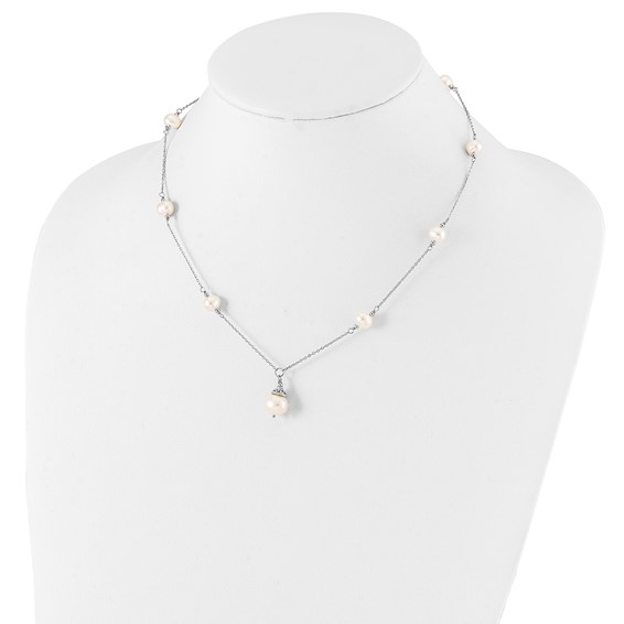 Sterling Silver Rhodium-plated 9-10mm White Near-Round Freshwater Cultured Pearl 18 inch Necklace and Dangle Earrings Set