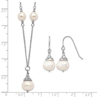 Sterling Silver Rhodium-plated 9-10mm White Near-Round Freshwater Cultured Pearl Necklace and Dangle Earrings Set, 18" view 5