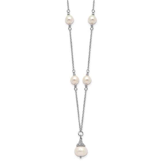 Sterling Silver Rhodium-plated 9-10mm White Near-Round Freshwater Cultured Pearl 18 inch Necklace and Dangle Earrings Set