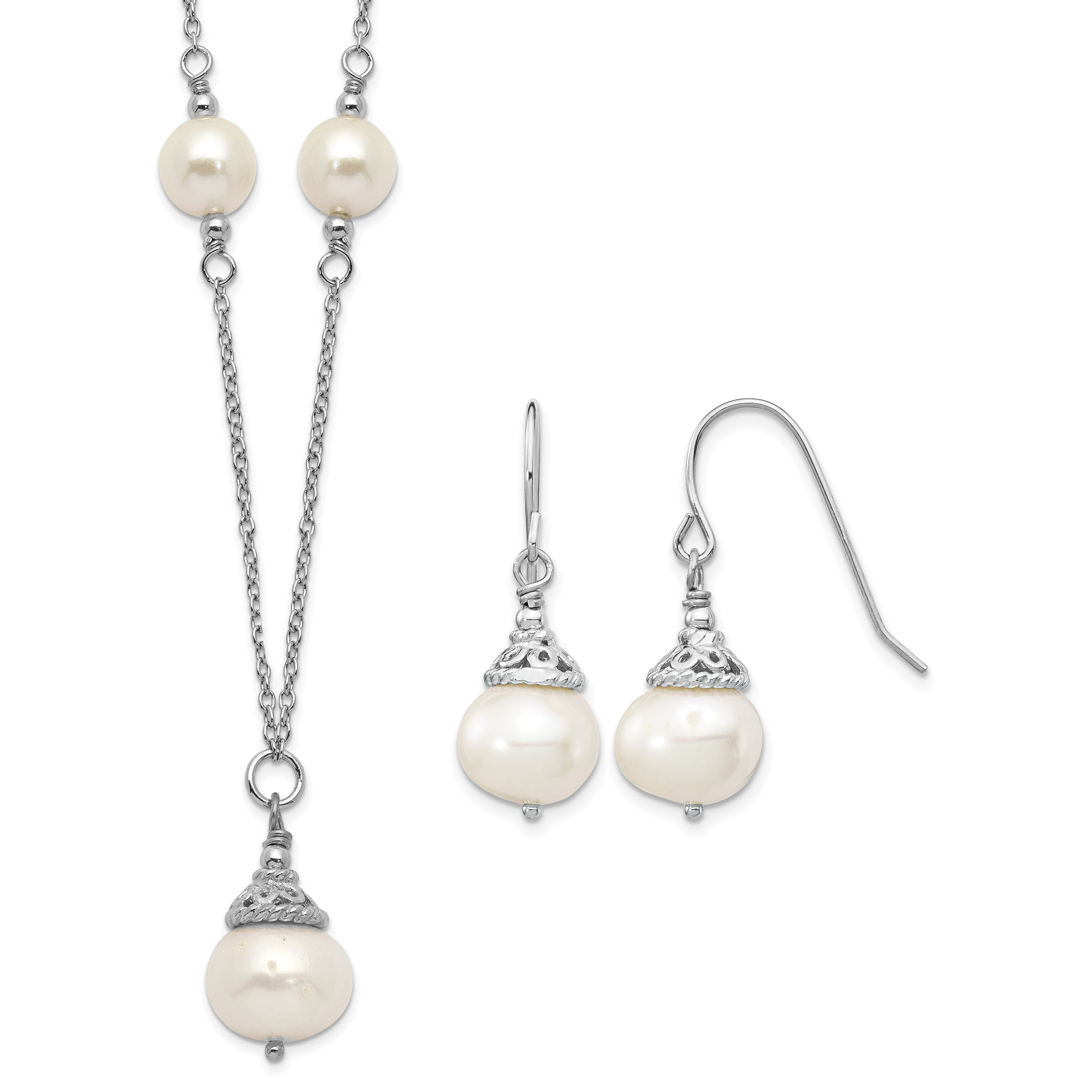 Sterling Silver Rhodium-plated 9-10mm White Near-Round Freshwater Cultured Pearl 18 inch Necklace and Dangle Earrings Set (QG5612SET)