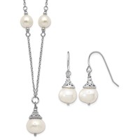 Sterling Silver Rhodium-plated 9-10mm White Near-Round Freshwater Cultured Pearl Necklace and Dangle Earrings Set, 18" view 1