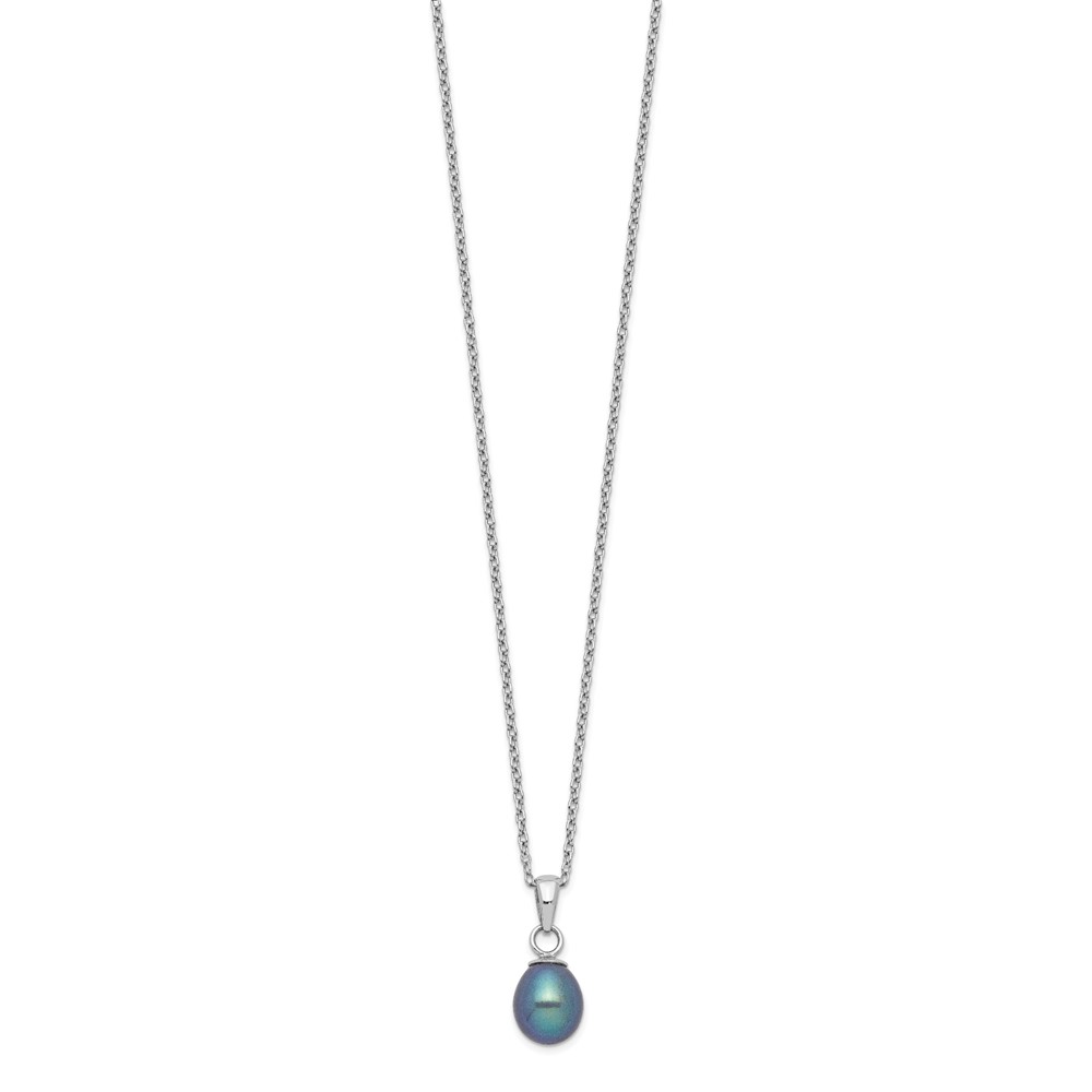 Sterling Silver Rhodium-plated 6-7mm Black Teardrop Freshwater Cultured Pearl 17 inch Necklace and Button Post Earrings Set (QG5614SET)