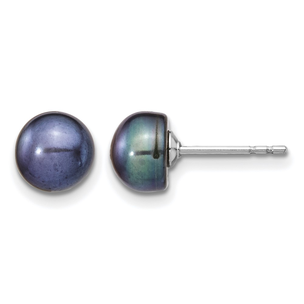 Sterling Silver Rhodium-plated 6-7mm Black Teardrop Freshwater Cultured Pearl 17 inch Necklace and Button Post Earrings Set (QG5614SET)