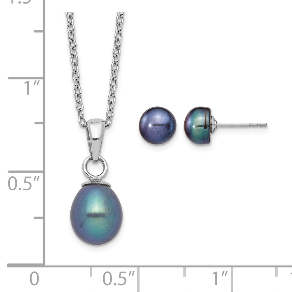 Sterling Silver Rhodium-plated 6-7mm Black Teardrop Freshwater Cultured Pearl 17 inch Necklace and Button Post Earrings Set (QG5614SET)