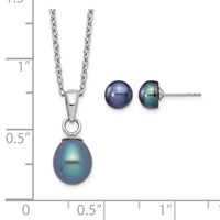 Sterling Silver Rhodium-plated 6-7mm Black Teardrop Freshwater Cultured Pearl Necklace and Button Post Earrings Set, 17" view 5