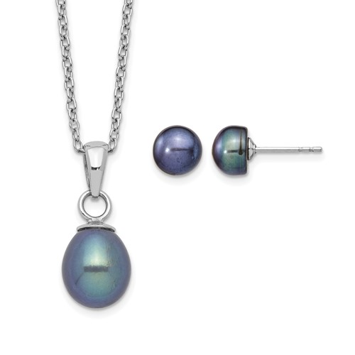 Sterling Silver Rhodium-plated 6-7mm Black Teardrop Freshwater Cultured Pearl Necklace and Button Post Earrings Set, 17"