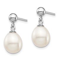 Sterling Silver Rhodium-plated 8-9mm White Teardrop Freshwater Cultured Pearl Necklace and Post Dangle Earrings Set, 18" view 4
