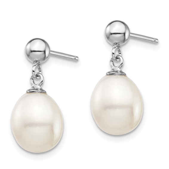 Sterling Silver Rhodium-plated 8-9mm White Rice Freshwater Cultured Pearl 18 inch Necklace and Post Dangle Earrings Set