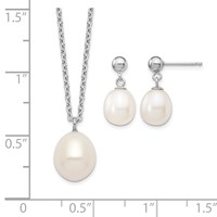 Sterling Silver Rhodium-plated 8-9mm White Teardrop Freshwater Cultured Pearl Necklace and Post Dangle Earrings Set, 18" view 5