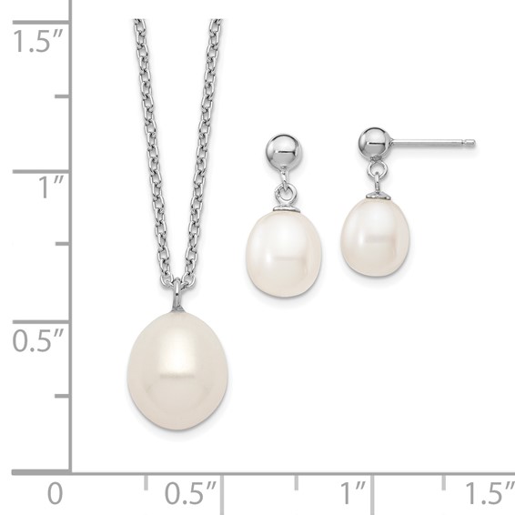Sterling Silver Rhodium-plated 8-9mm White Rice Freshwater Cultured Pearl 18 inch Necklace and Post Dangle Earrings Set