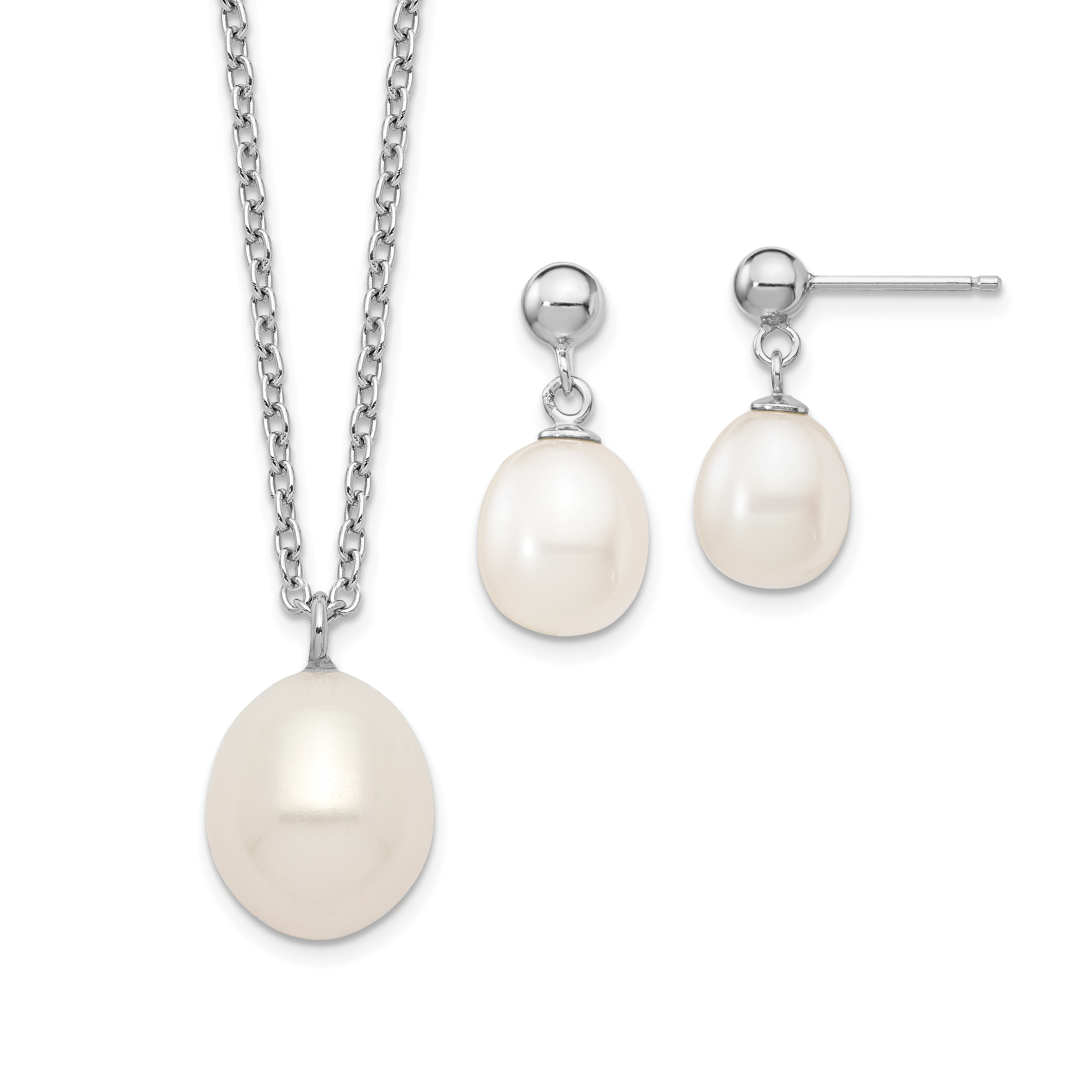 Sterling Silver Rhodium-plated 8-9mm White Rice Freshwater Cultured Pearl 18 inch Necklace and Post Dangle Earrings Set (QG5615SET)