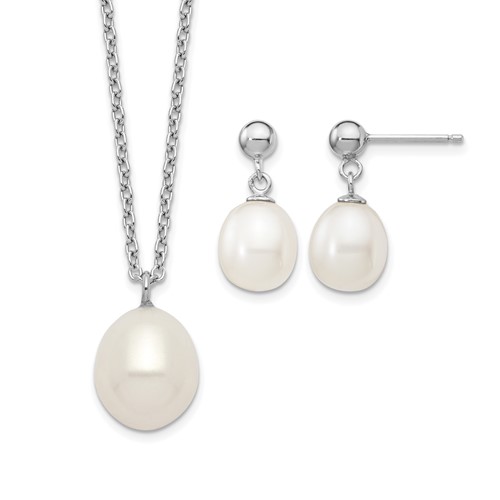 Sterling Silver Rhodium-plated 8-9mm White Teardrop Freshwater Cultured Pearl Necklace and Post Dangle Earrings Set, 18"