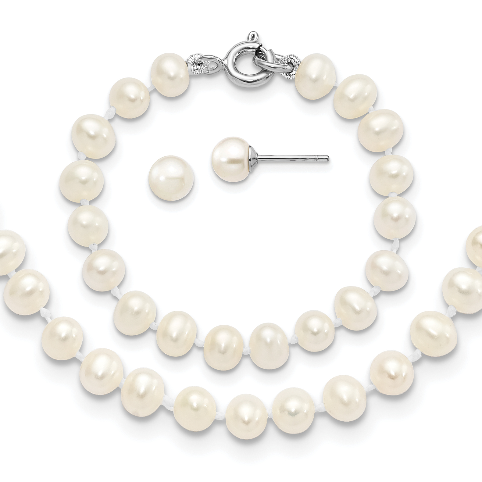 Sterling Silver Madi K Rhodium-plated 5-6mm White Semi-Round Freshwater Cultured Pearl 12 inch Necklace, 4 inch Bracelet & Post Earrings Set (QG5616SET)