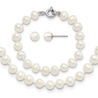 Sterling Silver Madi K Rhodium-plated 5-6mm White Semi-Round Freshwater Cultured Pearl Necklace, 4 in Bracelet & Post Earrings Set, 12" view 1
