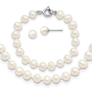 "Sterling Silver Madi K Rhodium-plated 5-6mm White Semi-Round Freshwater Cultured Pearl 12 inch Necklace, 4 inch Bracelet & Post Earrings Set"