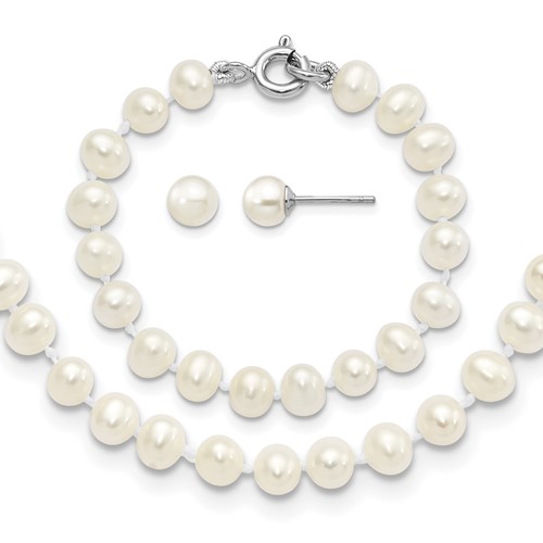 Sterling Silver Madi K Rhodium-plated 5-6mm White Semi-Round Freshwater Cultured Pearl Necklace, 4 in Bracelet & Post Earrings Set, 12"