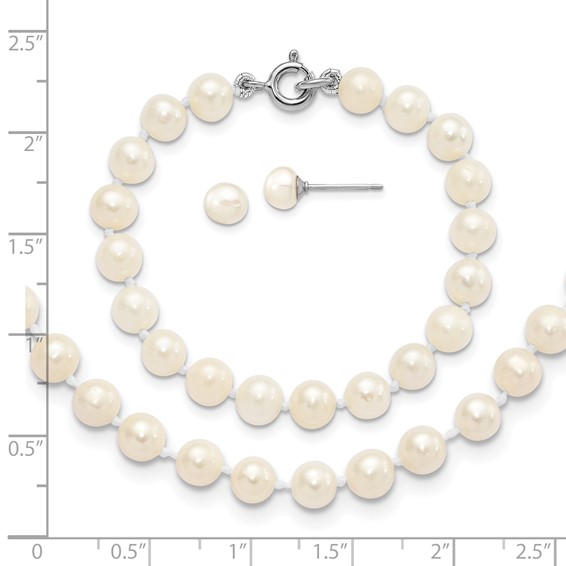 "Sterling Silver Madi K Rhodium-plated 5-6mm White Semi-Round Freshwater Cultured Pearl 12 inch Necklace, 4 inch Bracelet & Button Post Earrings Set"