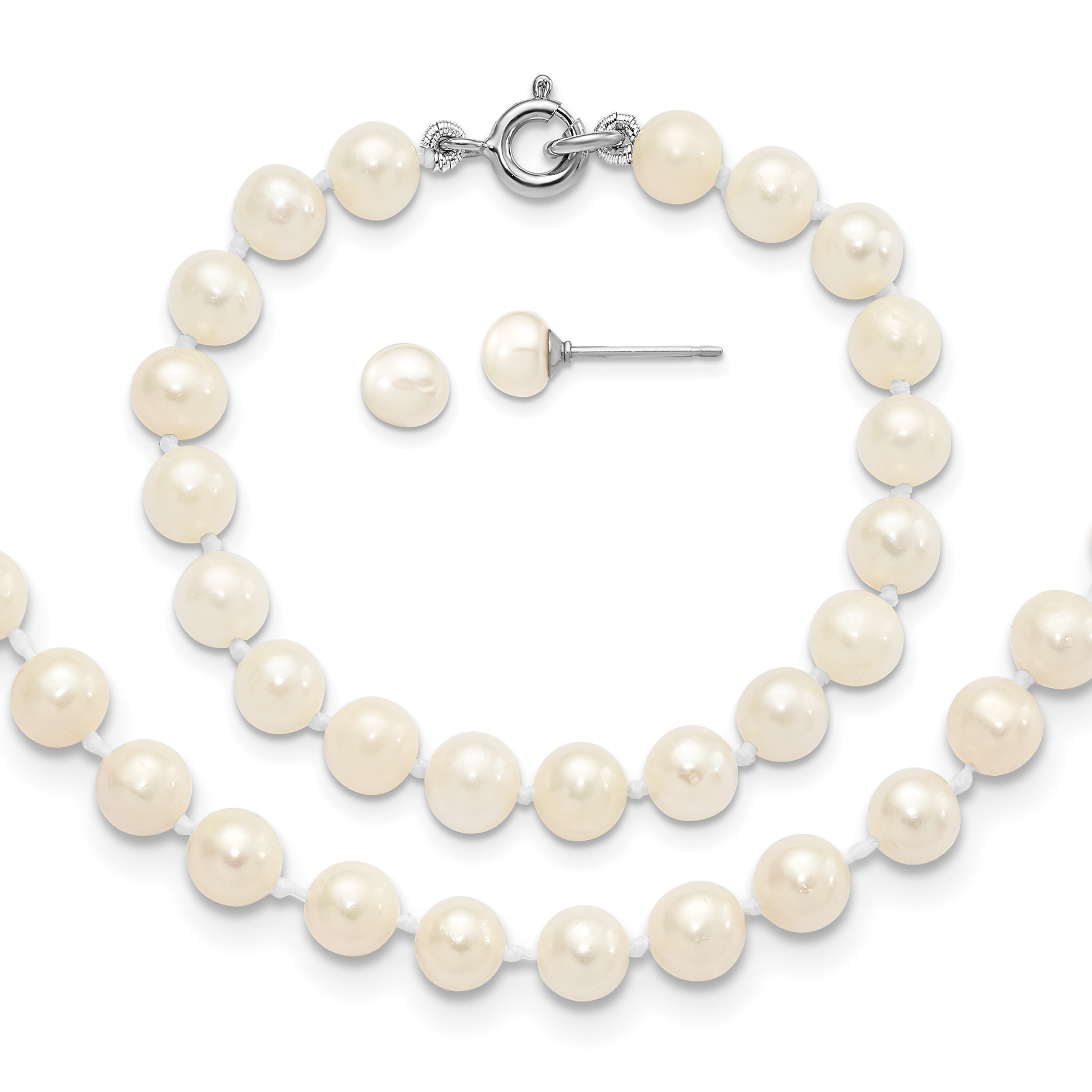 Sterling Silver Madi K Rhodium-plated 5-6mm White Semi-Round Freshwater Cultured Pearl 12 inch Necklace, 4 inch Bracelet & Button Post Earrings Set (QG5617SET)
