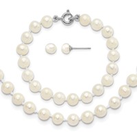 Sterling Silver Madi K Rhodium-plated 5-6mm White Semi-Round Freshwater Cultured Pearl Necklace, 4 in Bracelet & Button Post Earrings Set, 12" view 1