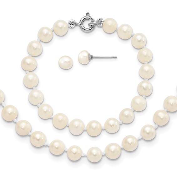 "Sterling Silver Madi K Rhodium-plated 5-6mm White Semi-Round Freshwater Cultured Pearl 12 inch Necklace, 4 inch Bracelet & Button Post Earrings Set"