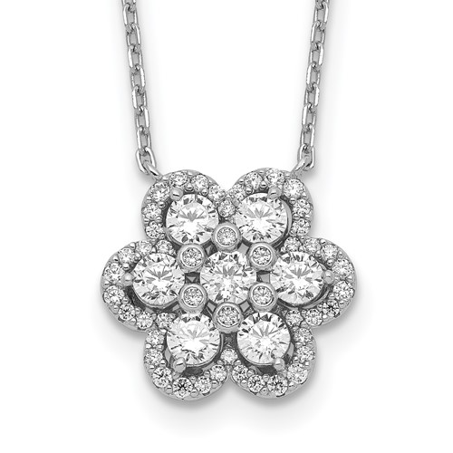 Sterling Shimmer Sterling Silver Rhodium-plated 55 Stone Flower CZ Necklace with 2 Inch Extender, 15.75"