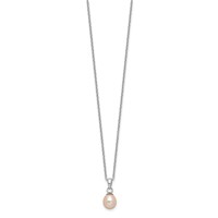 Sterling Silver Rhodium-plated 6-7mm Pink Teardrop Freshwater Cultured Pearl Necklace and Button Post Earrings Set, 17" view 2