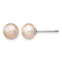 Sterling Silver Rhodium-plated 6-7mm Pink Teardrop Freshwater Cultured Pearl Necklace and Button Post Earrings Set, 17" view 3