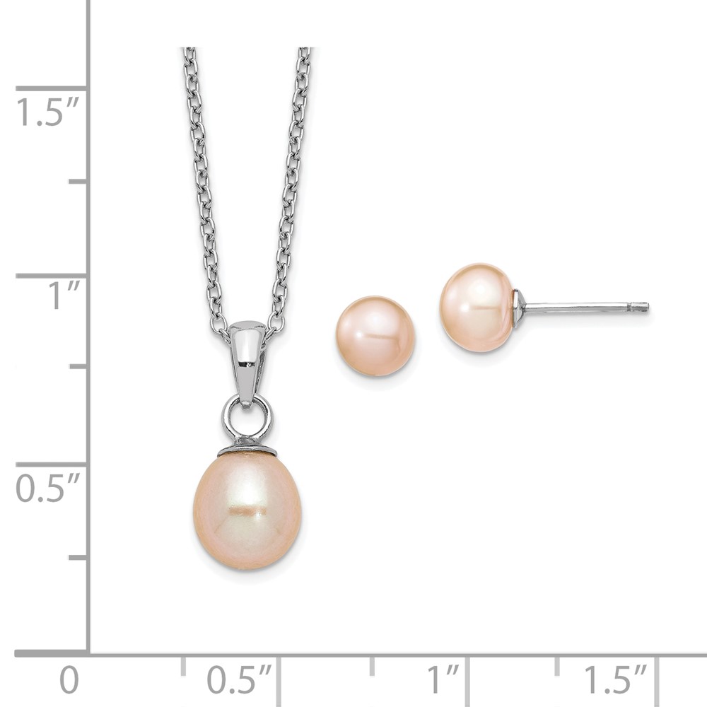 Sterling Silver Rhodium-plated 6-7mm Pink Teardrop Freshwater Cultured Pearl 17 inch Necklace and Button Post Earrings Set (QG5657SET)