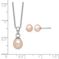 Sterling Silver Rhodium-plated 6-7mm Pink Teardrop Freshwater Cultured Pearl Necklace and Button Post Earrings Set, 17" view 5