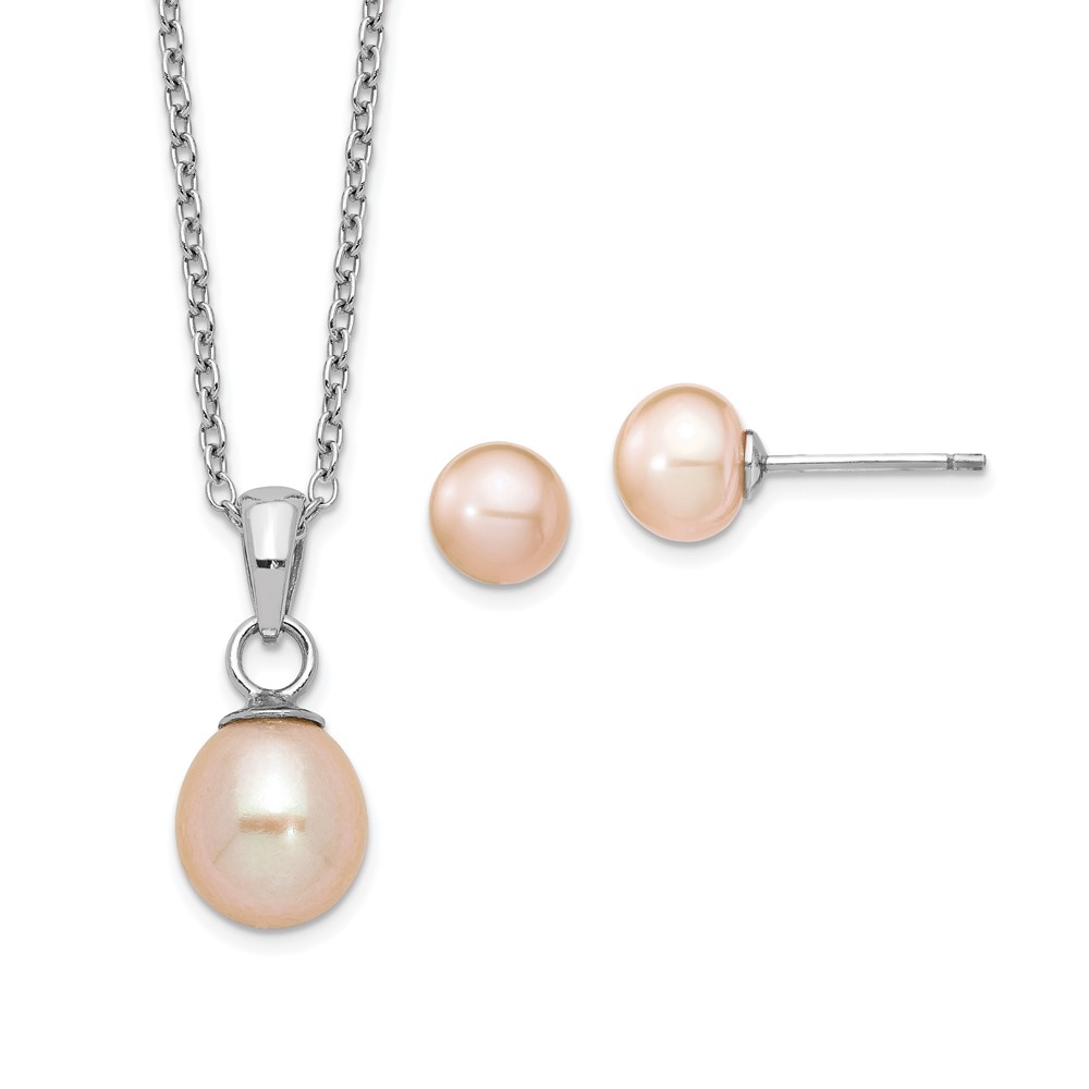 Sterling Silver Rhodium-plated 6-7mm Pink Teardrop Freshwater Cultured Pearl 17 inch Necklace and Button Post Earrings Set (QG5657SET)