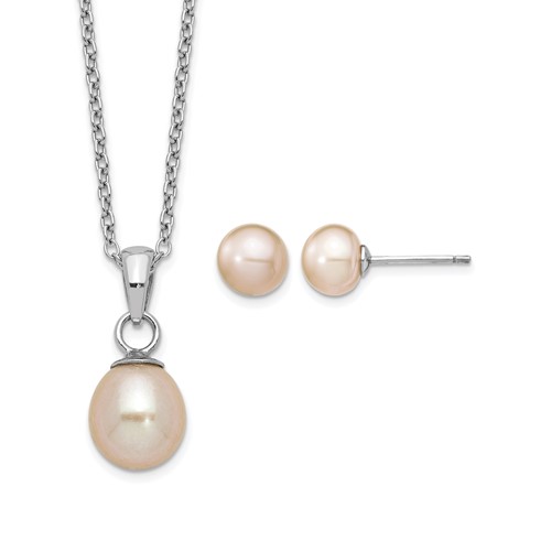 Sterling Silver Rhodium-plated 6-7mm Pink Teardrop Freshwater Cultured Pearl Necklace and Button Post Earrings Set - 17in
