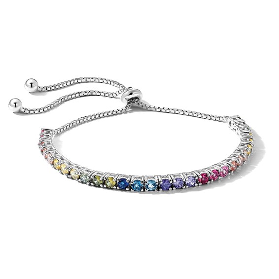 Prizma Sterling Silver Rhodium-plated 3mm Colorful CZ Adjustable Bolo Bracelet