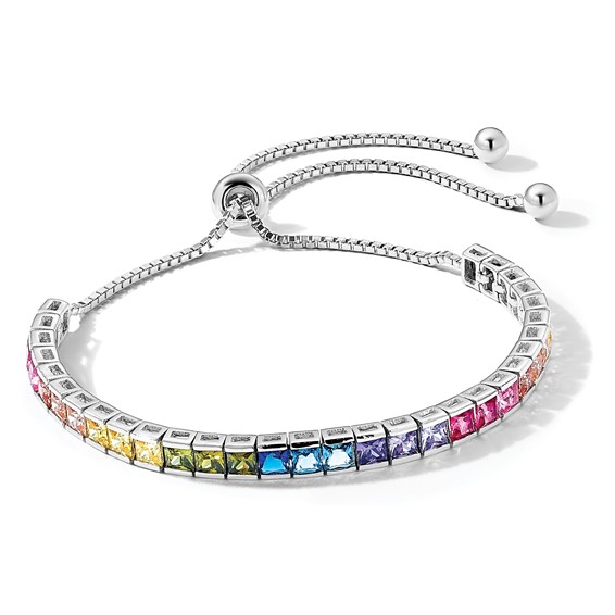 Prizma Sterling Silver Rhodium-plated 4mm Channel-Set Colorful CZ Adjustable Bolo Bracelet