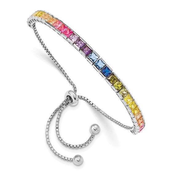 Prizma Sterling Silver Rhodium-plated 4mm Channel-Set Colorful CZ Adjustable Bolo Bracelet