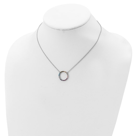 Prizma Sterling Silver Rhodium-plated 16 inch Colorful CZ Open Circle Necklace with 2 inch Extender