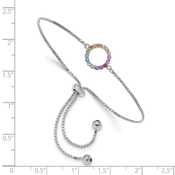 Prizma Sterling Silver Rhodium-plated Colorful CZ Open Circle Adjustable Bolo Bracelet