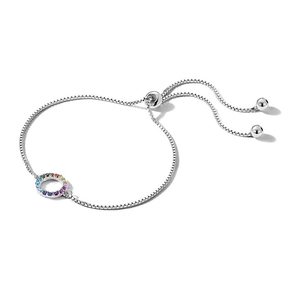 Prizma Sterling Silver Rhodium-plated Colorful CZ Open Circle Adjustable Bolo Bracelet