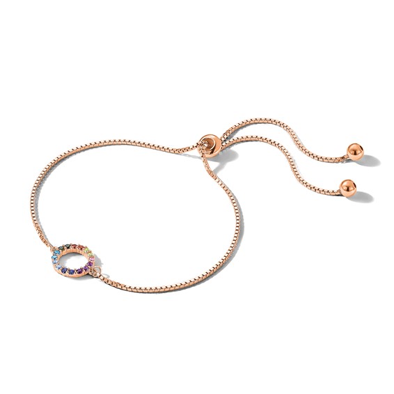 Prizma Sterling Silver Rose-tone 14K Flash Rose Gold-plated Colorful CZ Open Circle Adjustable Bolo Bracelet