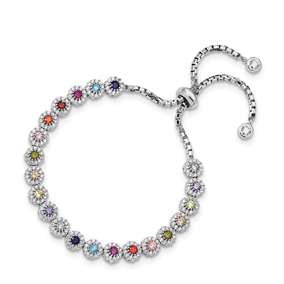 Prizma Sterling Silver Rhodium-plated White and Colorful CZ Adjustable Bolo Bracelet
