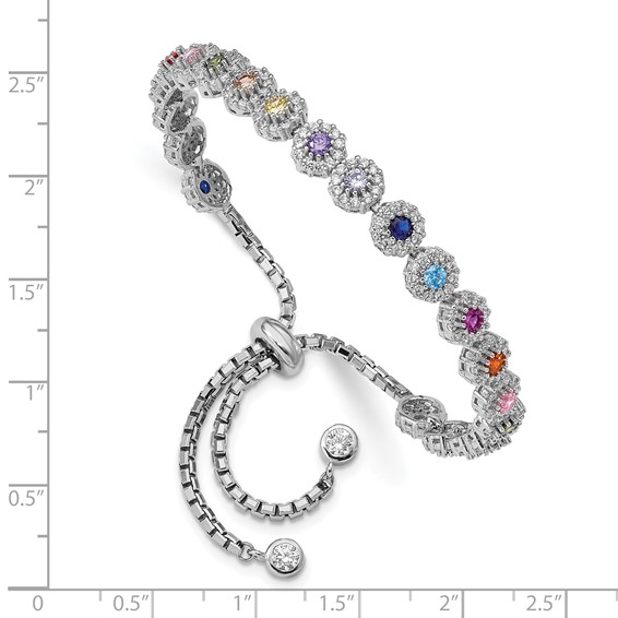 Prizma Sterling Silver Rhodium-plated White and Colorful CZ Adjustable Bolo Bracelet