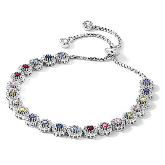 Prizma Sterling Silver Rhodium-plated White and Colorful CZ Adjustable Bolo Bracelet