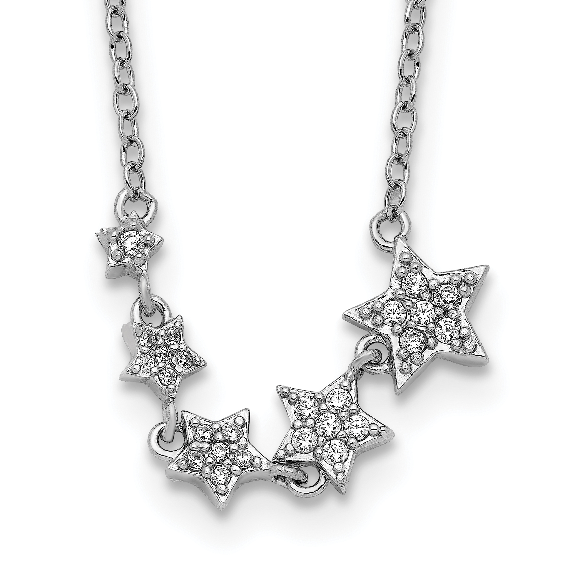 Sterling Silver Rh-Plated Graduating CZ Stars w/ 2in Ext. Necklace (QG5678-16)
