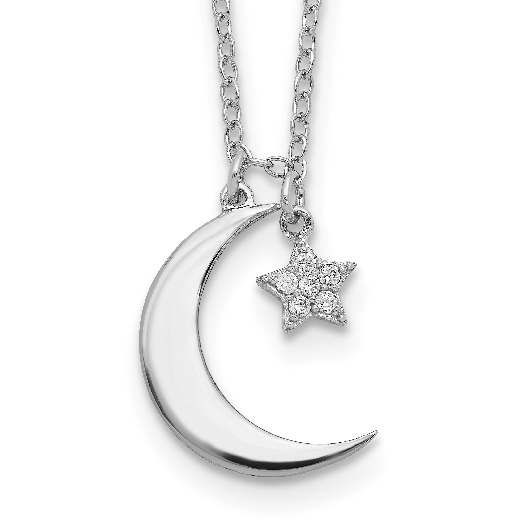 Sterling Silver Rhodium-Plated CZ Star and Moon w/ 2in Ext. Necklace (QG5683-16)